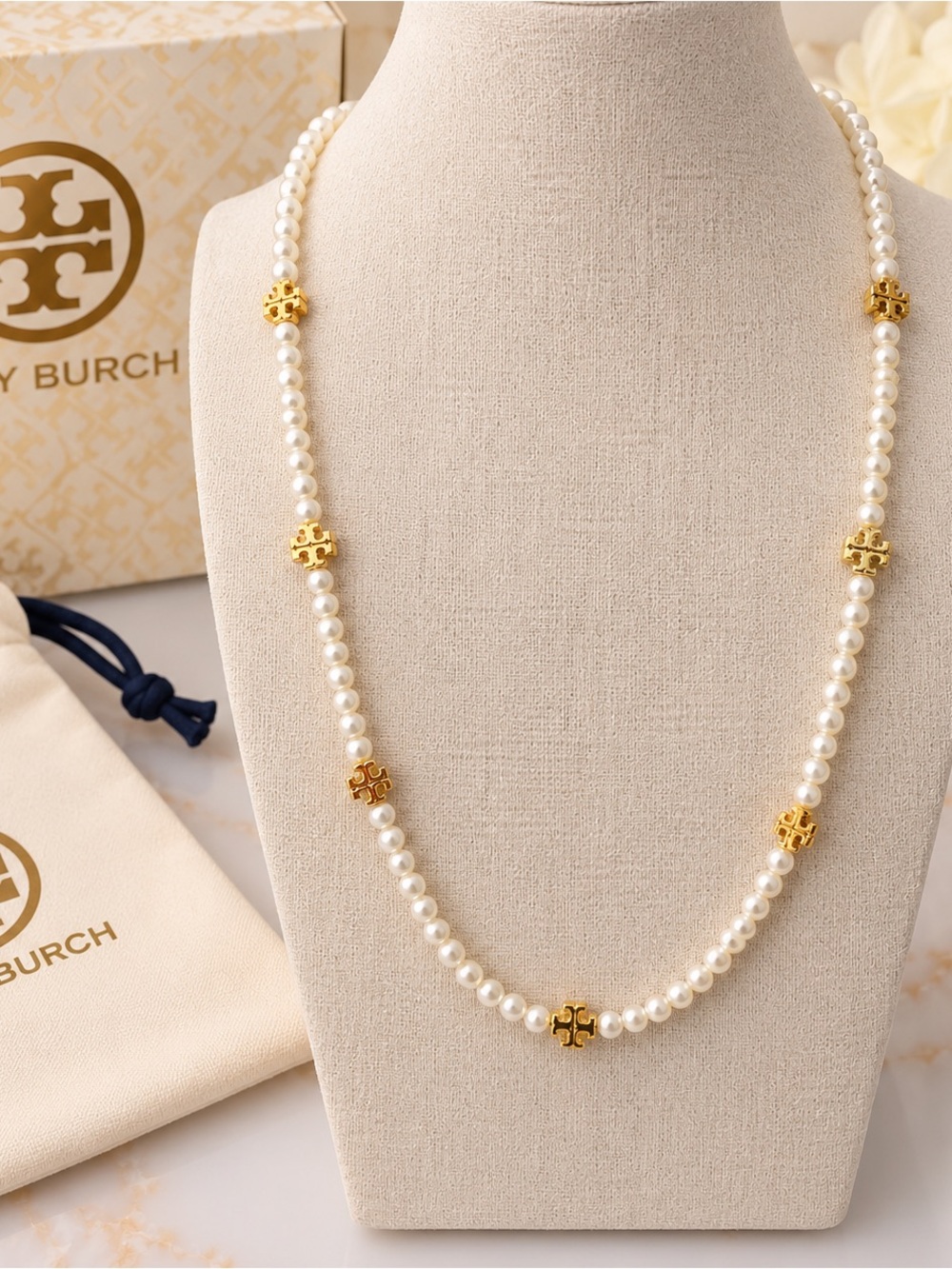 Tory Burch Pearl Station Necklace with Gold Logo Accents